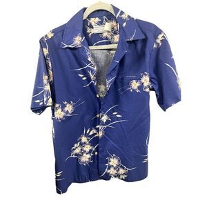 Mark Raysten Vintage Men's Blue Floral Hawaiian Shirt Size M Short Sleeve Button